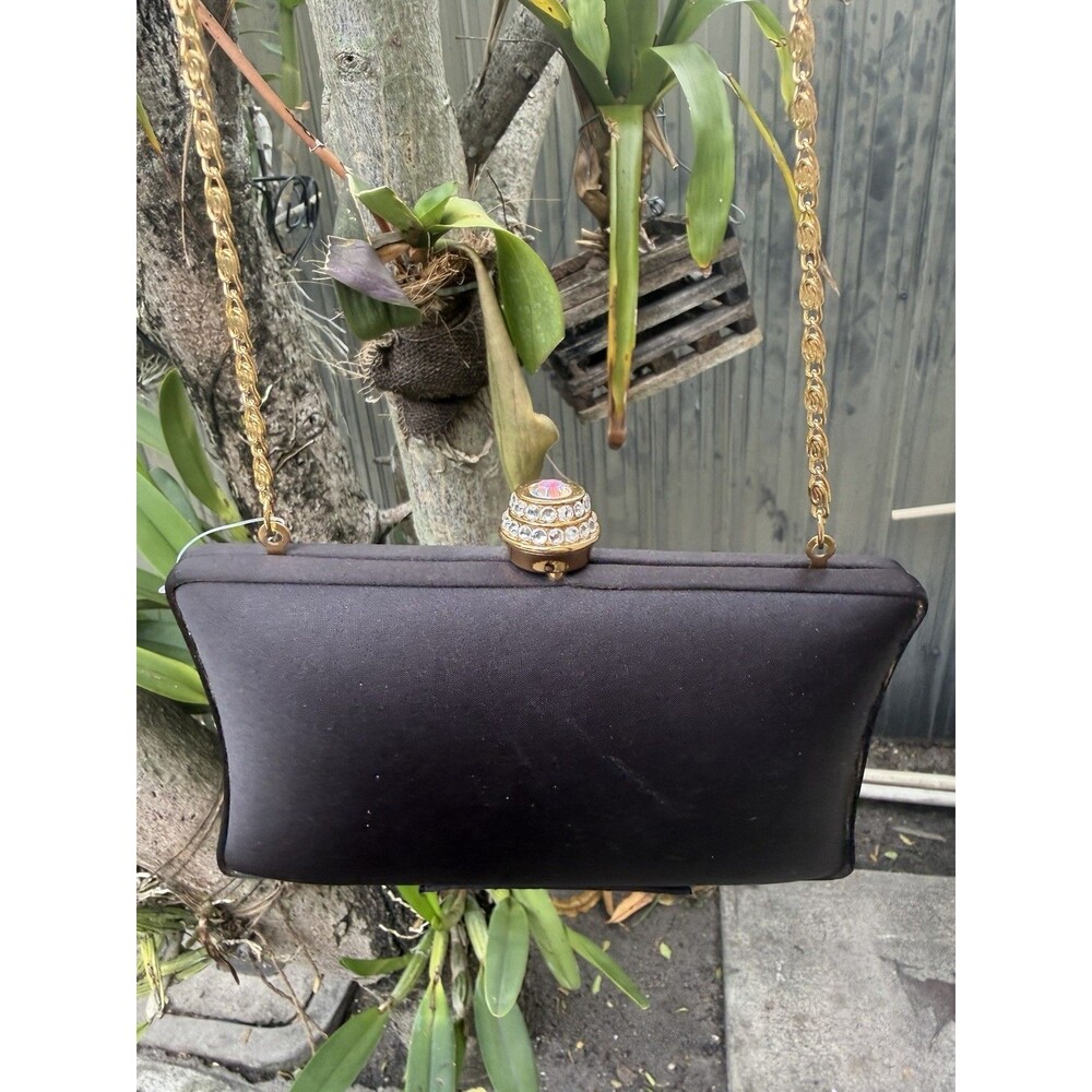 Vintage Carlo Pellini Black Satin Evening Clutch Purse Gold Chain Rhinestone